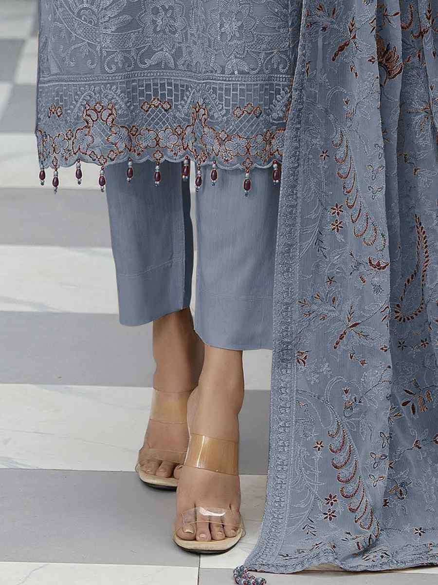 Blue Faux Georgette Embroidered Festival Wedding Pant Salwar Kameez