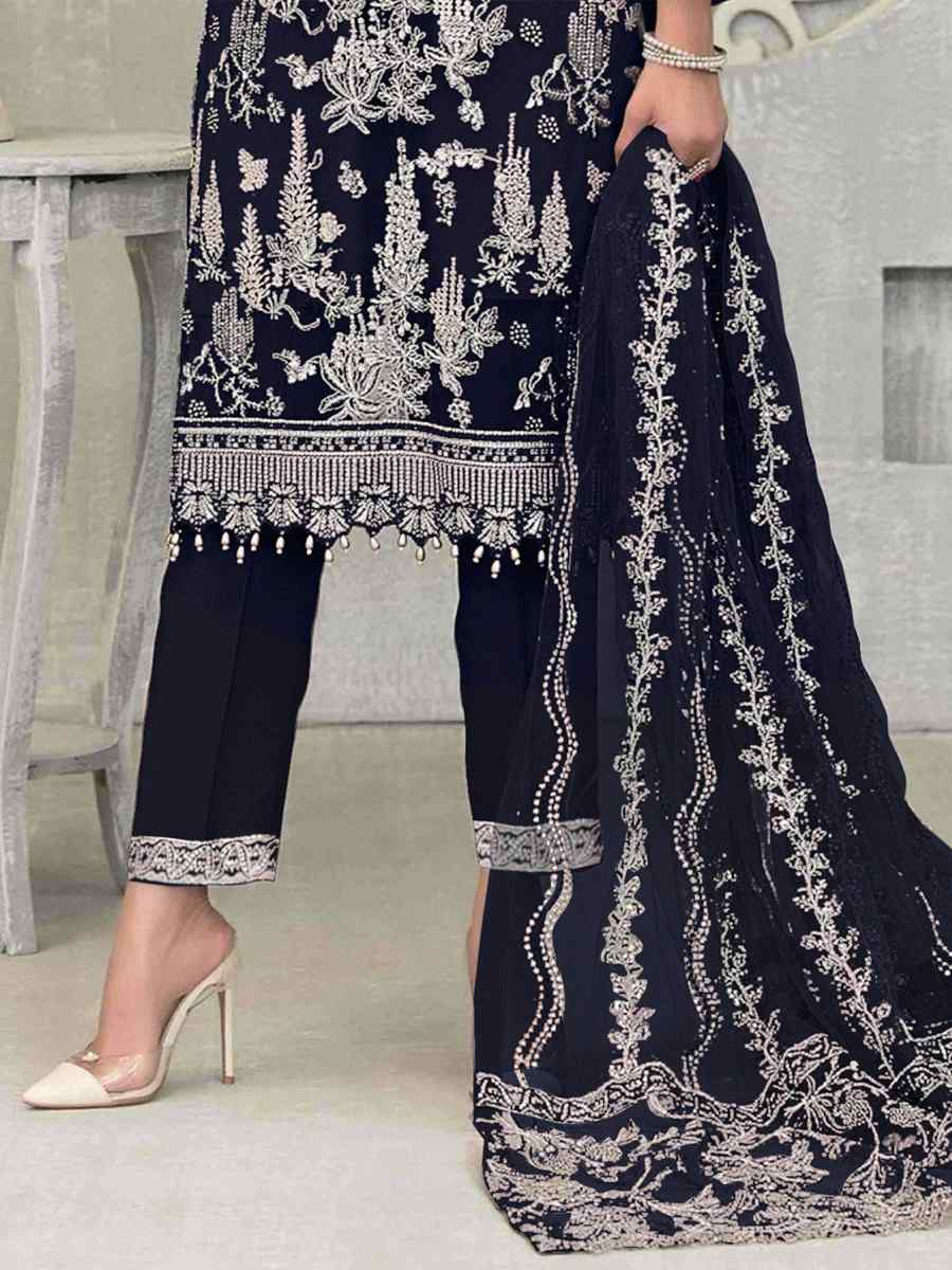 Blue Faux Georgette Embroidered Festival Wedding Pant Salwar Kameez