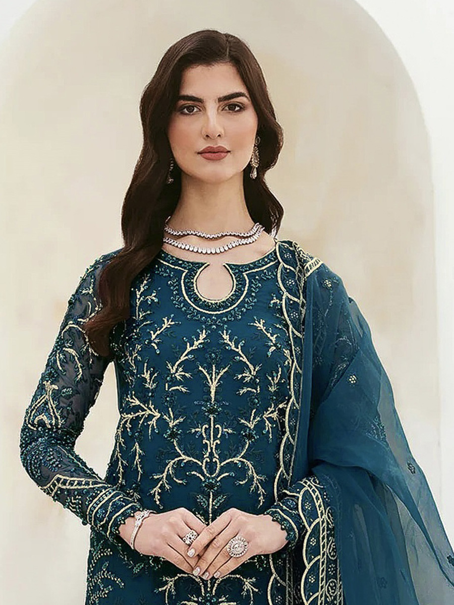 Blue Faux Georgette Embroidered Festival Wedding Pant Salwar Kameez