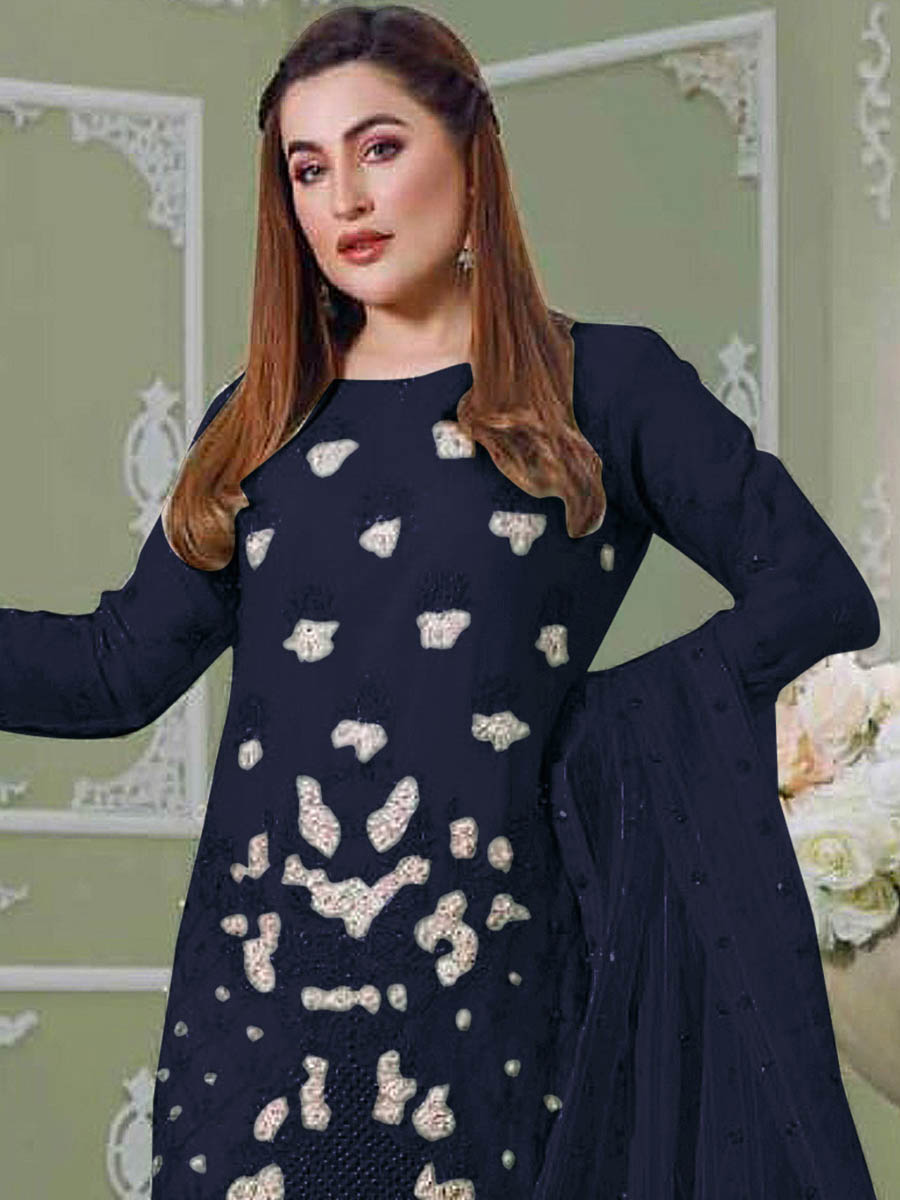 Blue Faux Georgette Embroidered Festival Wedding Pant Salwar Kameez