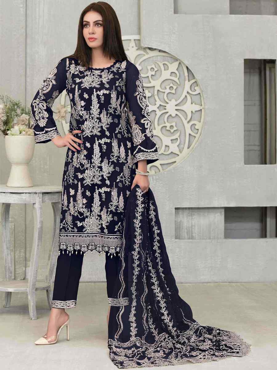 Blue Faux Georgette Embroidered Festival Wedding Pant Salwar Kameez