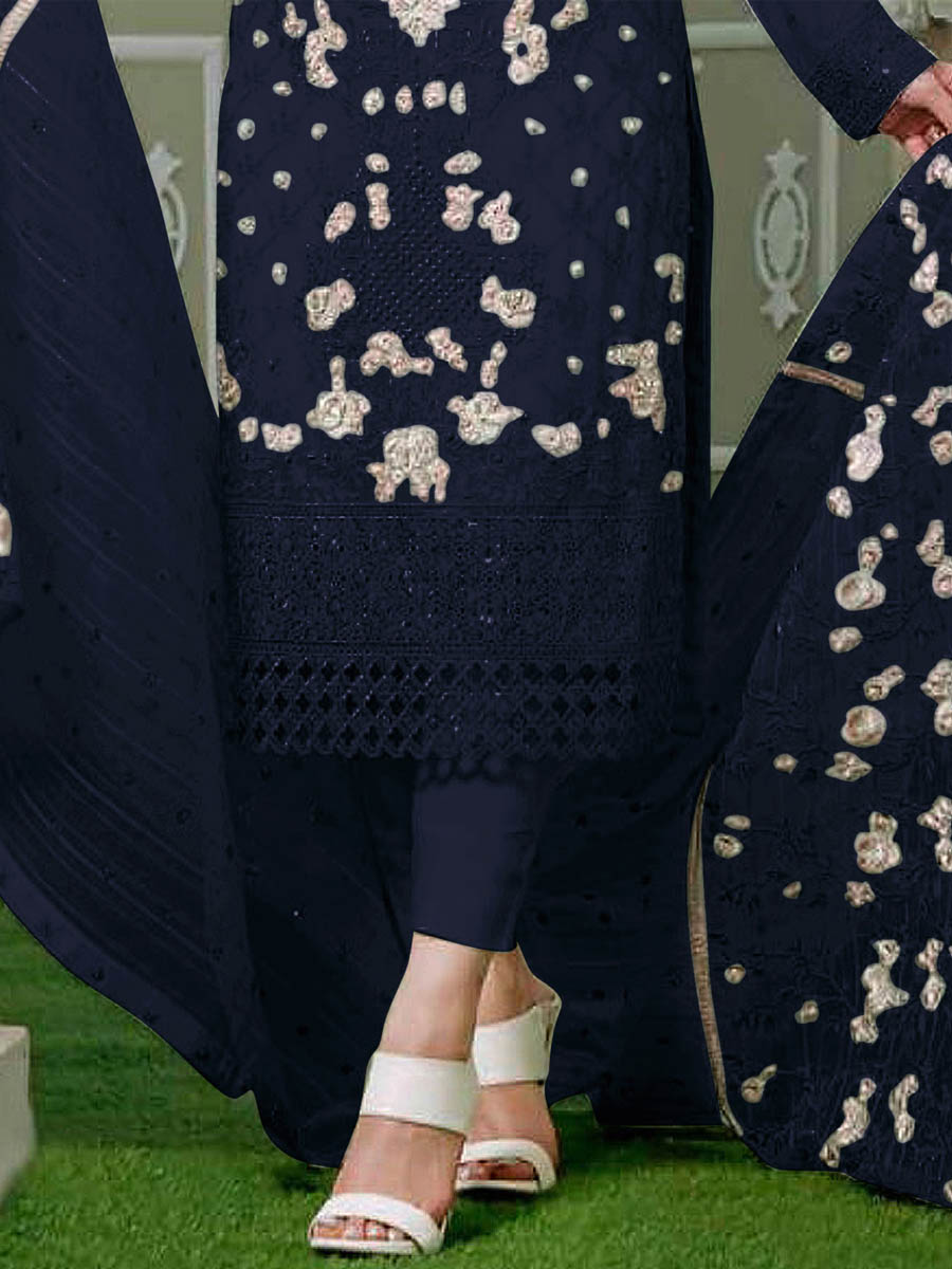 Blue Faux Georgette Embroidered Festival Wedding Pant Salwar Kameez