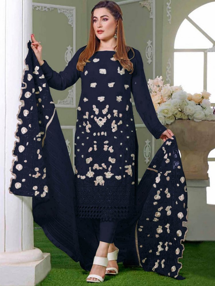 Blue Faux Georgette Embroidered Festival Wedding Pant Salwar Kameez