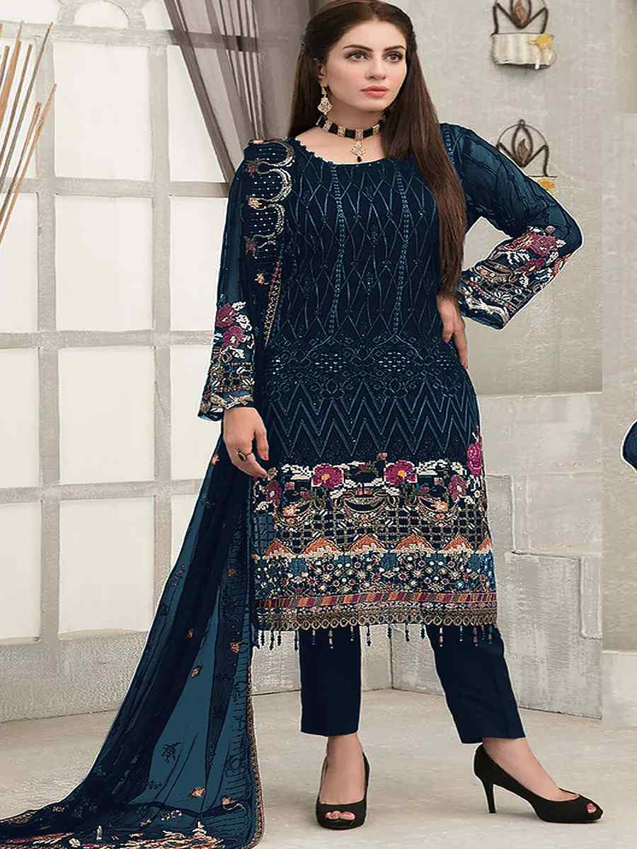 Blue Faux Georgette Embroidered Festival Wedding Pant Salwar Kameez