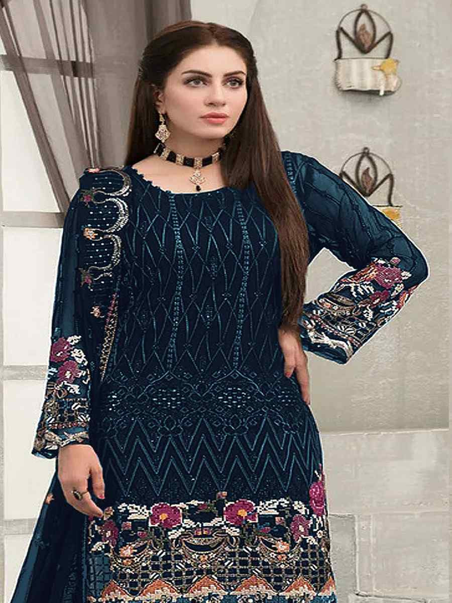 Blue Faux Georgette Embroidered Festival Wedding Pant Salwar Kameez