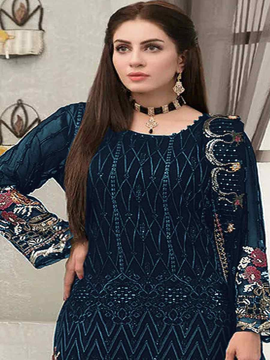 Blue Faux Georgette Embroidered Festival Wedding Pant Salwar Kameez