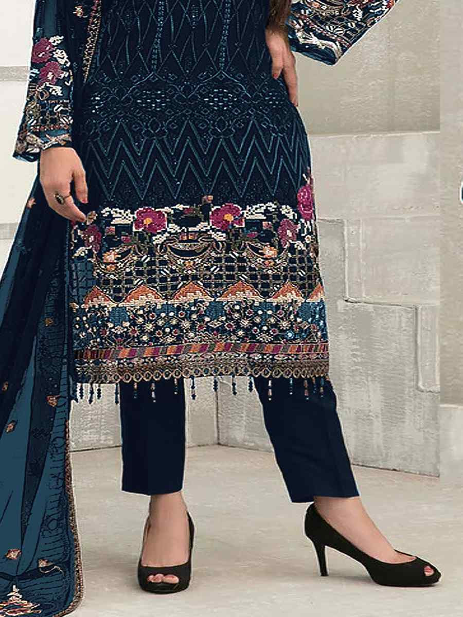 Blue Faux Georgette Embroidered Festival Wedding Pant Salwar Kameez