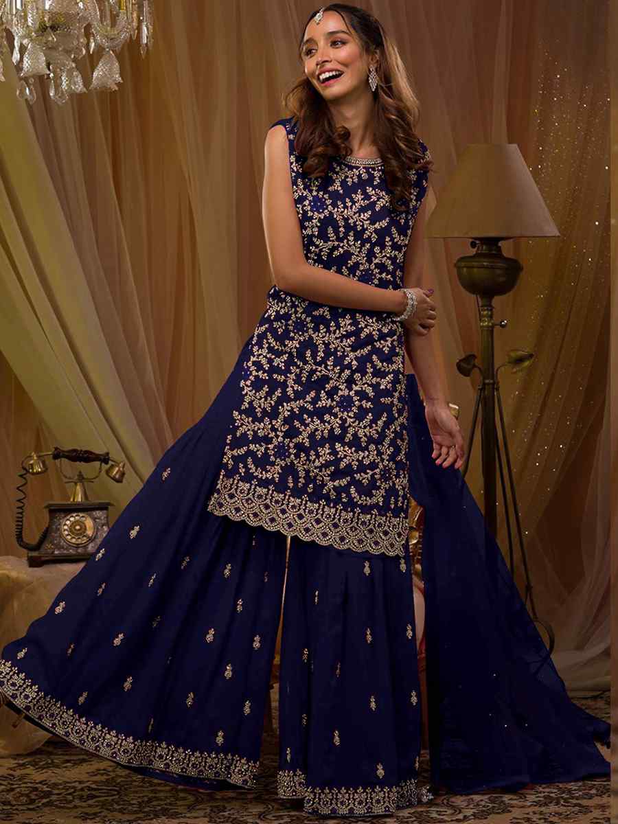 Blue Faux Georgette Embroidered Festival Wedding Sharara Pant Salwar Kameez