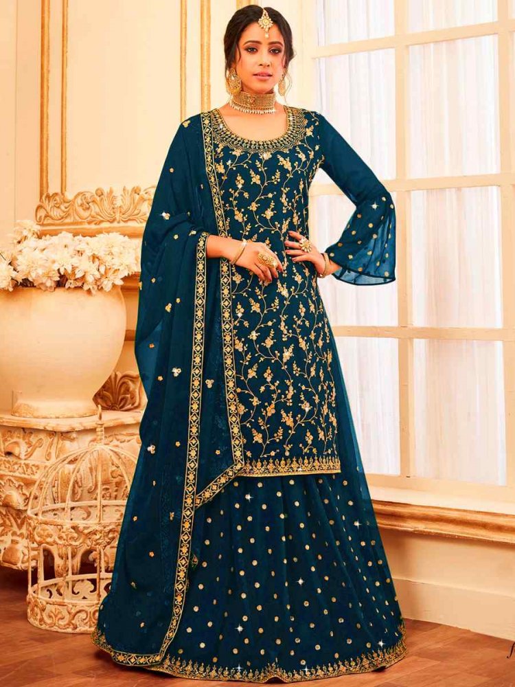 Blue Faux Georgette Embroidered Festival Wedding Sharara Pant Salwar Kameez