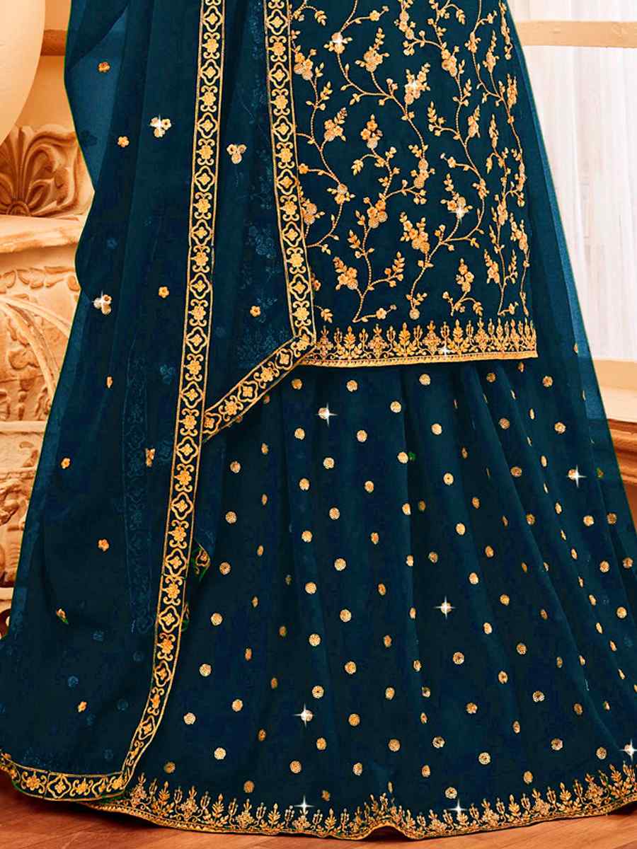 Blue Faux Georgette Embroidered Festival Wedding Sharara Pant Salwar Kameez