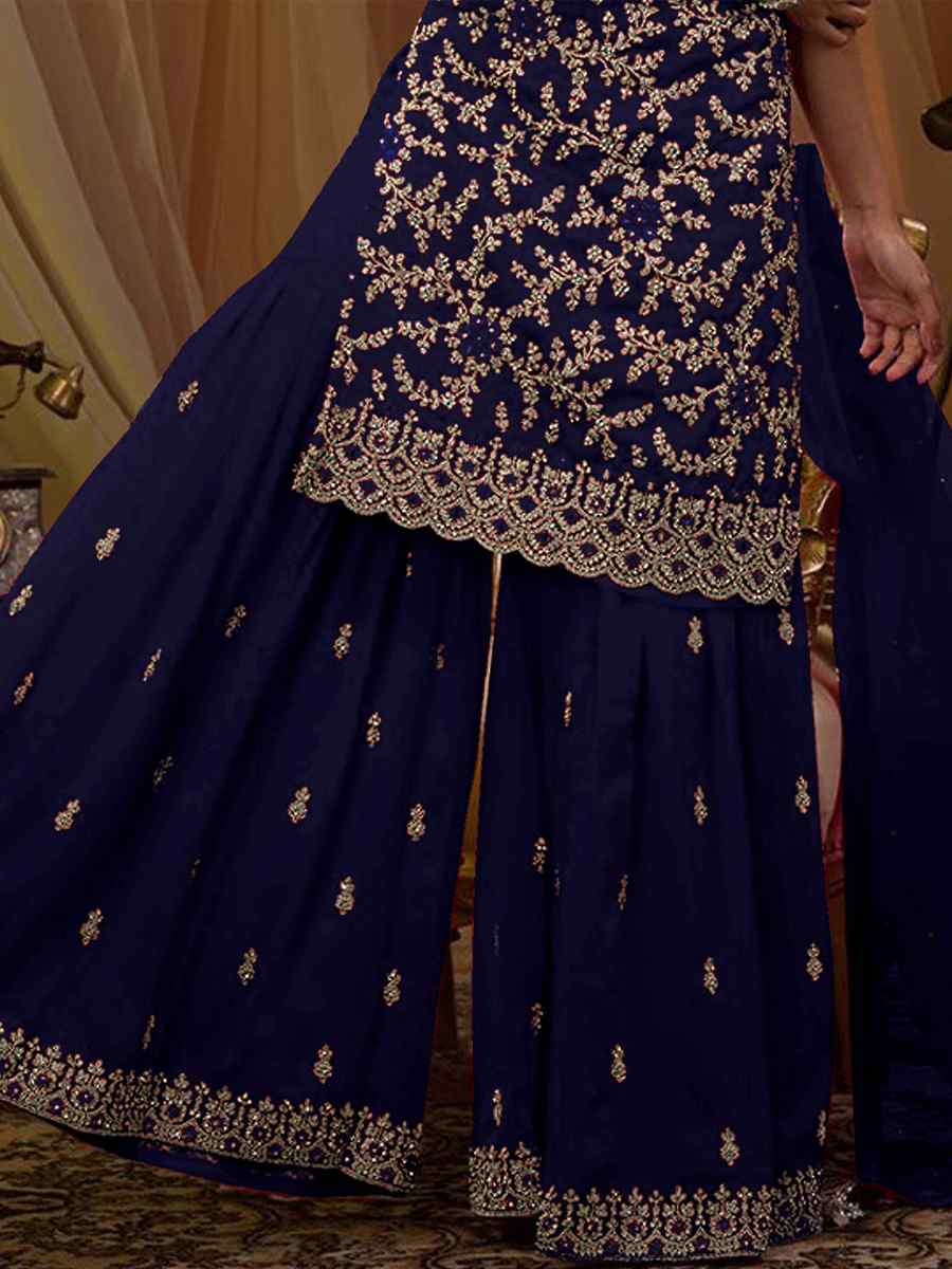 Blue Faux Georgette Embroidered Festival Wedding Sharara Pant Salwar Kameez