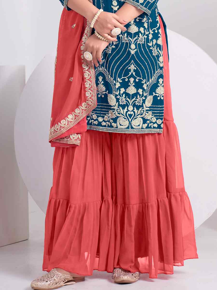 Blue Faux Georgette Embroidered Festival Wedding Sharara Pant Salwar Kameez
