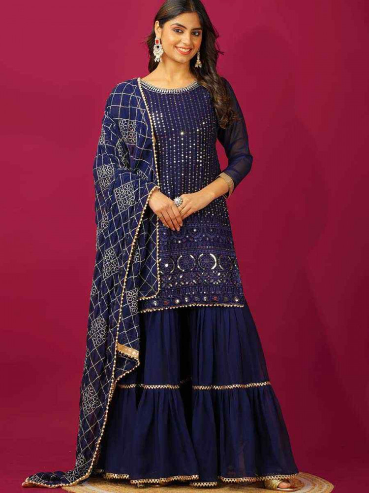 Blue Faux Georgette Embroidered Party Wedding Ready Sharara Pant Salwar Kameez