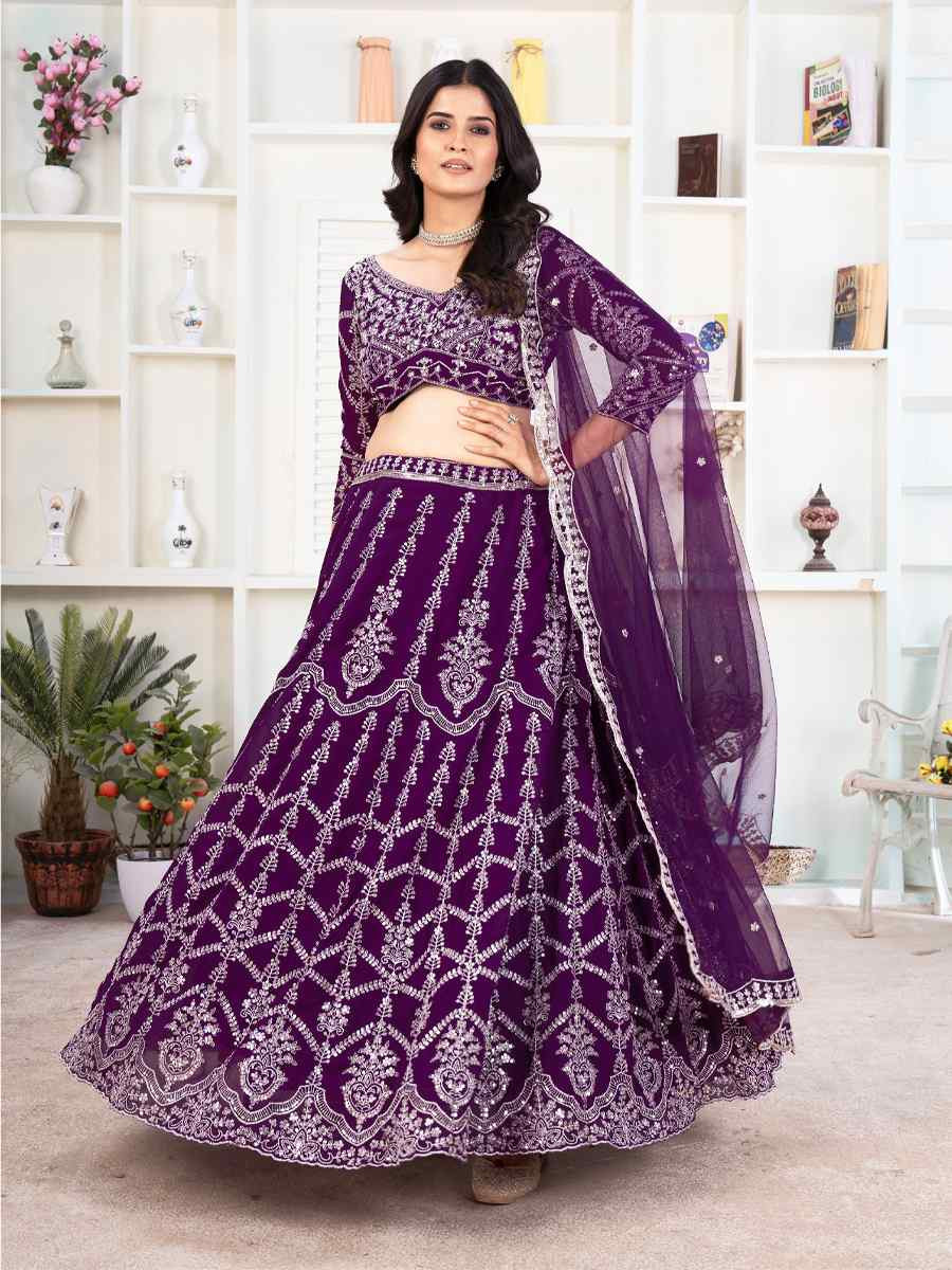 Blue Faux Georgette Embroidered Wedding Festival Heavy Border Lehenga Choli