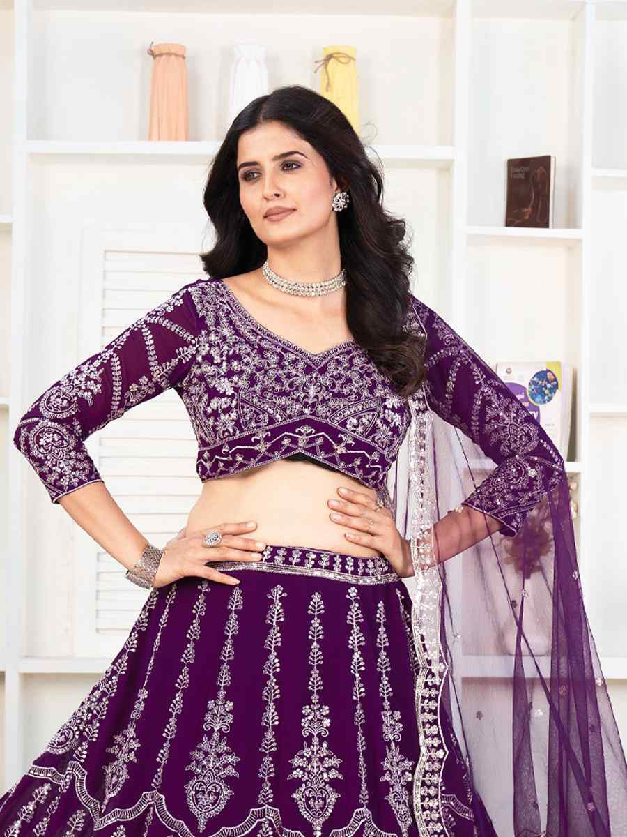 Blue Faux Georgette Embroidered Wedding Festival Heavy Border Lehenga Choli