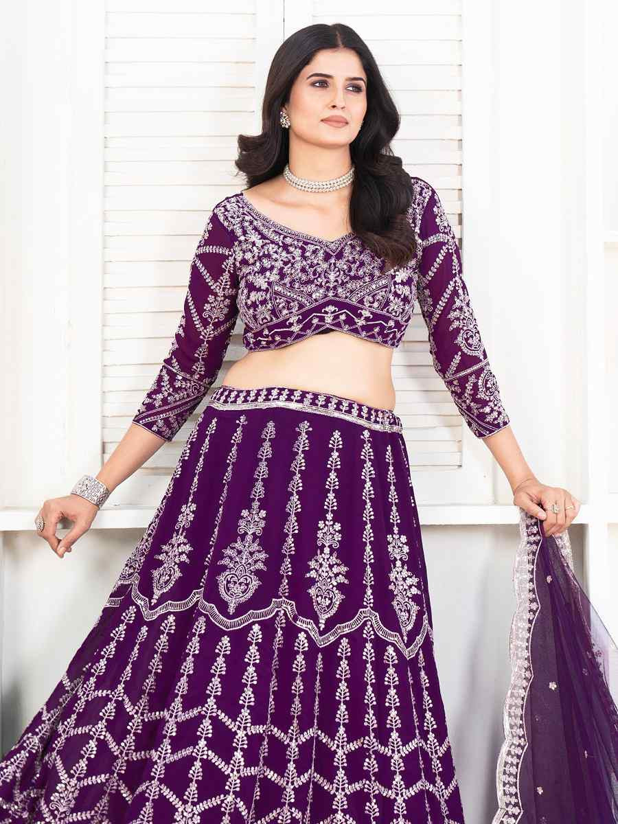 Blue Faux Georgette Embroidered Wedding Festival Heavy Border Lehenga Choli
