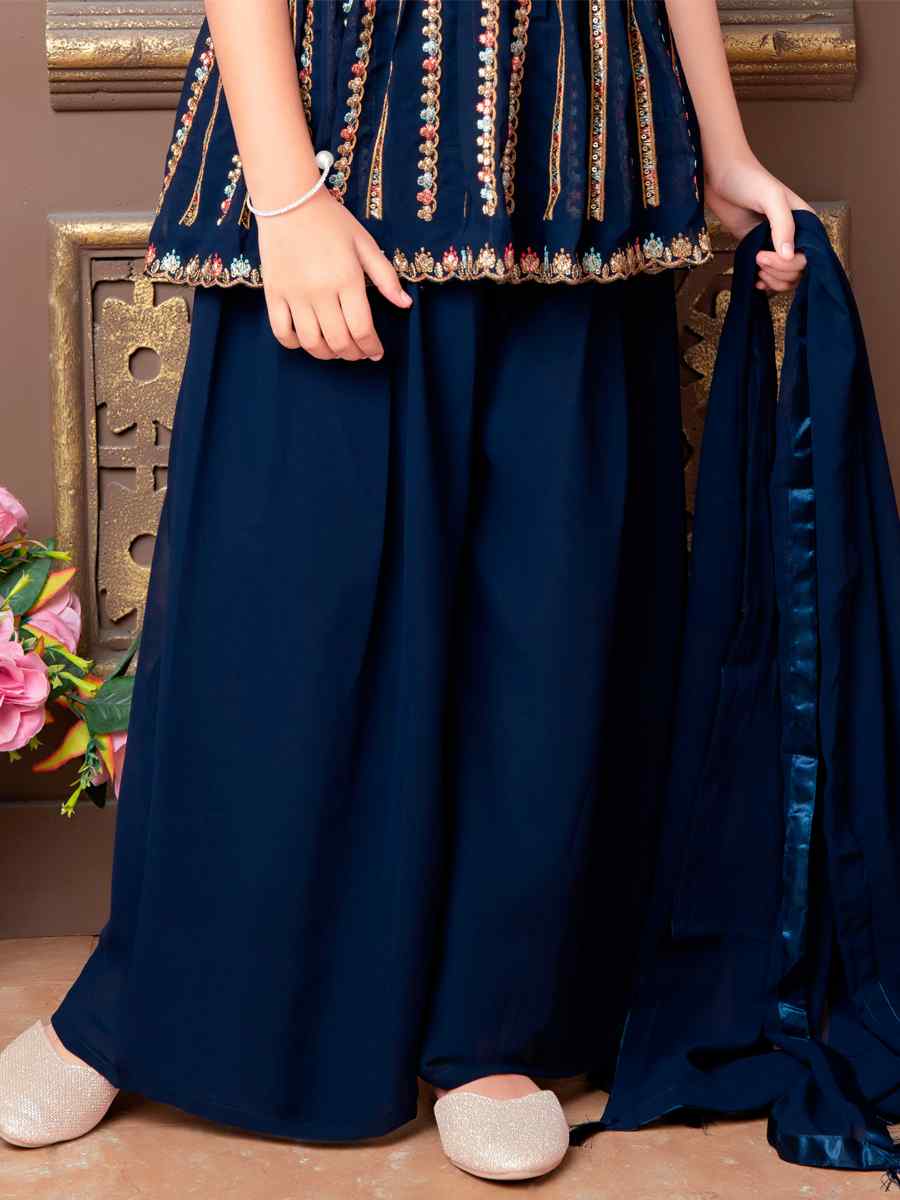 Blue Faux Georgette Embroidered Wedding Festival Salwars Girls Wear