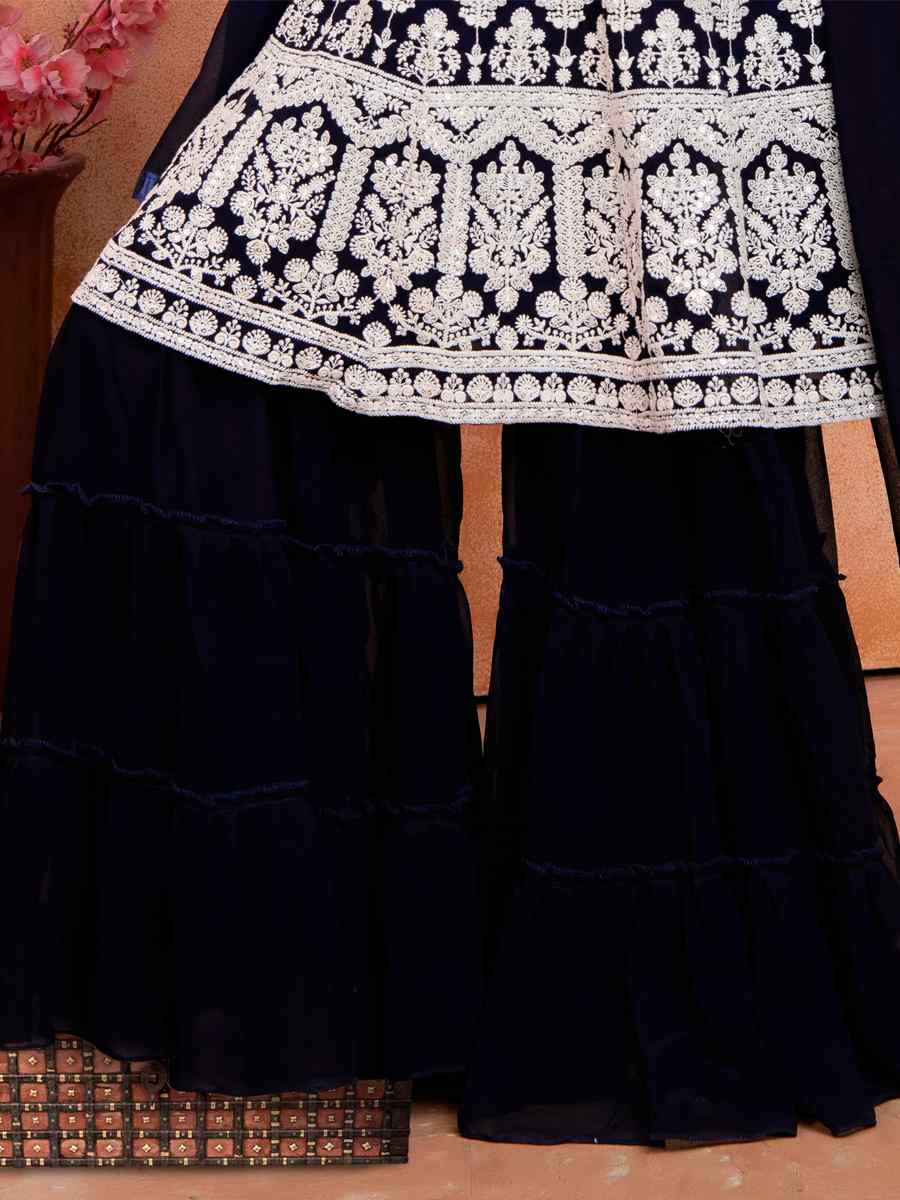 Blue Faux Georgette Embroidered Wedding Festival Salwars Girls Wear