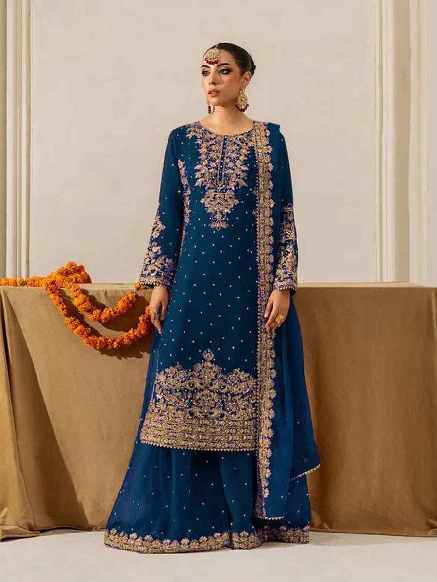 Blue Faux Georgette Embroidery Party Wedding Festival Casual Ready Palazzo Pant Salwar Kameez
