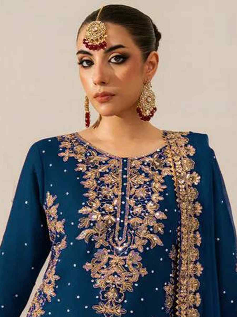 Blue Faux Georgette Embroidery Party Wedding Festival Casual Ready Palazzo Pant Salwar Kameez