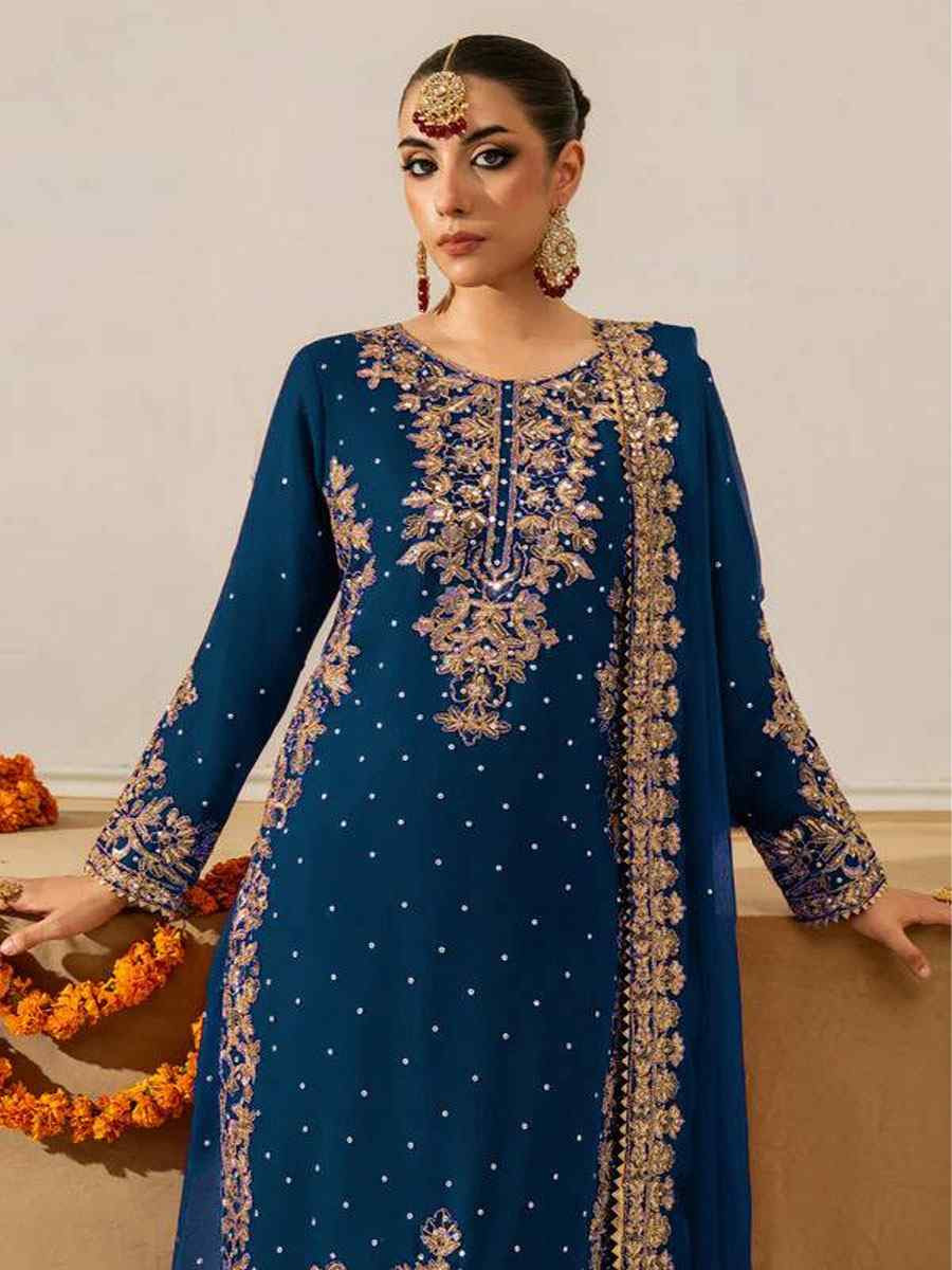 Blue Faux Georgette Embroidery Party Wedding Festival Casual Ready Palazzo Pant Salwar Kameez
