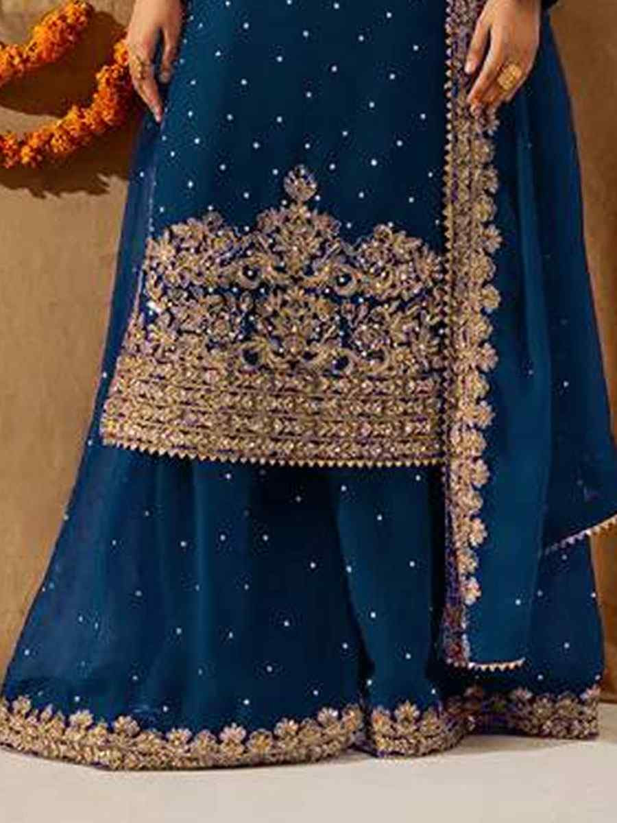 Blue Faux Georgette Embroidery Party Wedding Festival Casual Ready Palazzo Pant Salwar Kameez