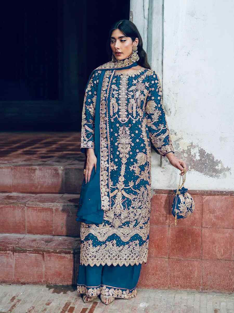Blue Faux Georgette Embroidery Party Wedding Festival Casual Ready Palazzo Pant Salwar Kameez
