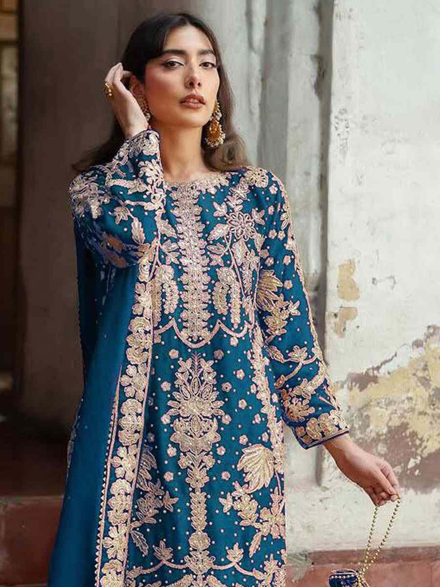 Blue Faux Georgette Embroidery Party Wedding Festival Casual Ready Palazzo Pant Salwar Kameez