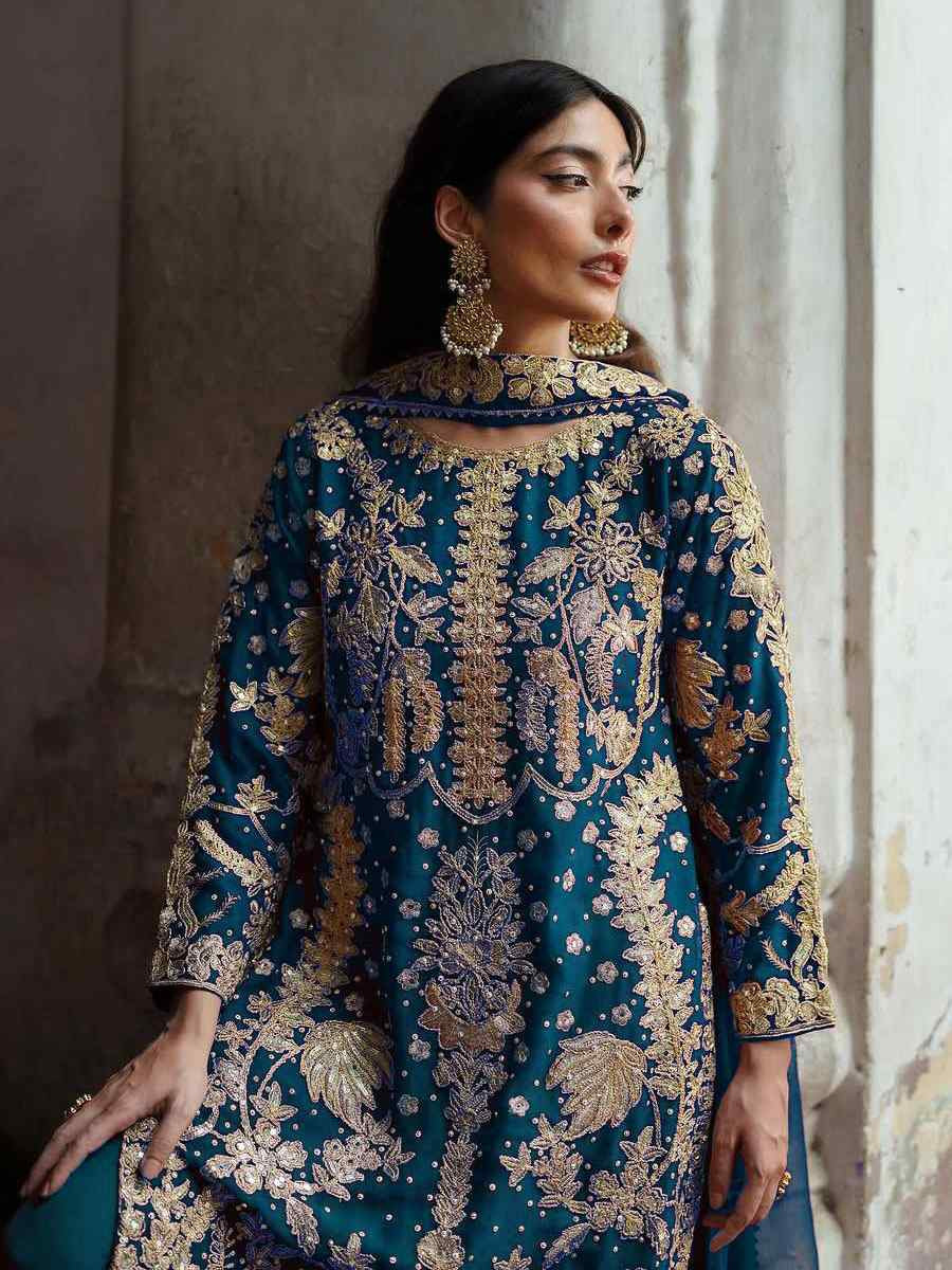 Blue Faux Georgette Embroidery Party Wedding Festival Casual Ready Palazzo Pant Salwar Kameez