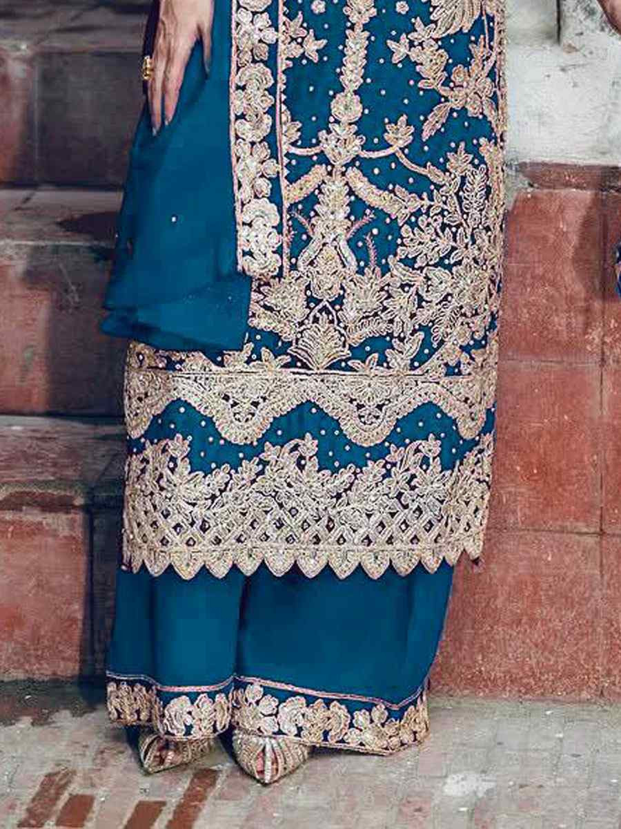 Blue Faux Georgette Embroidery Party Wedding Festival Casual Ready Palazzo Pant Salwar Kameez