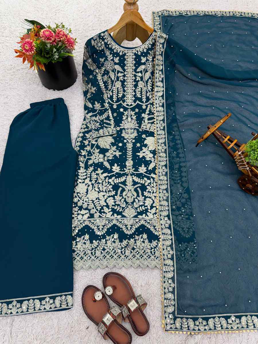 Blue Faux Georgette Embroidery Party Wedding Festival Casual Ready Palazzo Pant Salwar Kameez