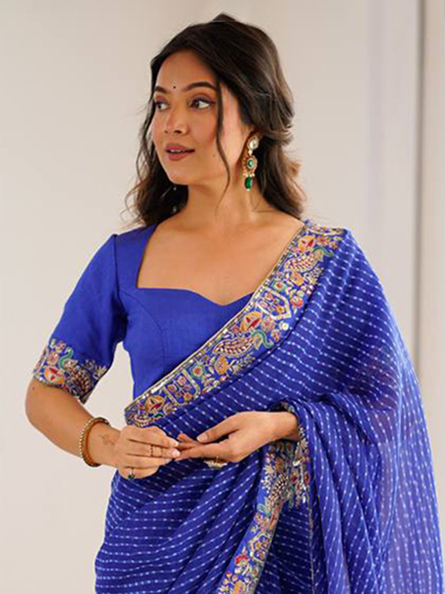 Blue Faux Georgette Embroidery Sequins Wedding Reception Party Festival Casual Heavy Border Sarees