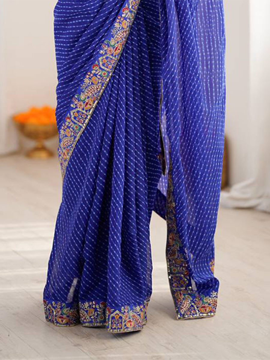 Blue Faux Georgette Embroidery Sequins Wedding Reception Party Festival Casual Heavy Border Sarees