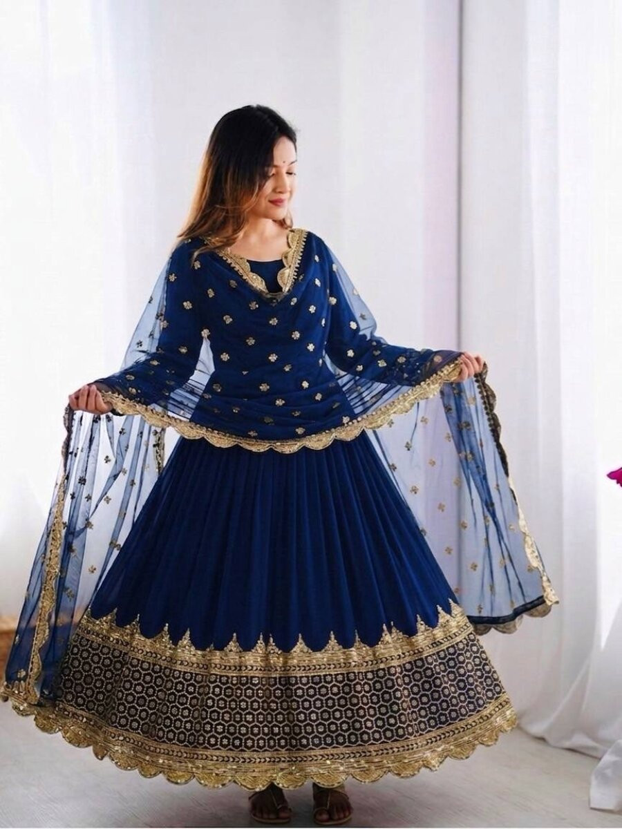 Blue Faux Georgette Embroidery Sequins Zari Wedding Party Festival Casual Ready Anarkali Salwar Kameez