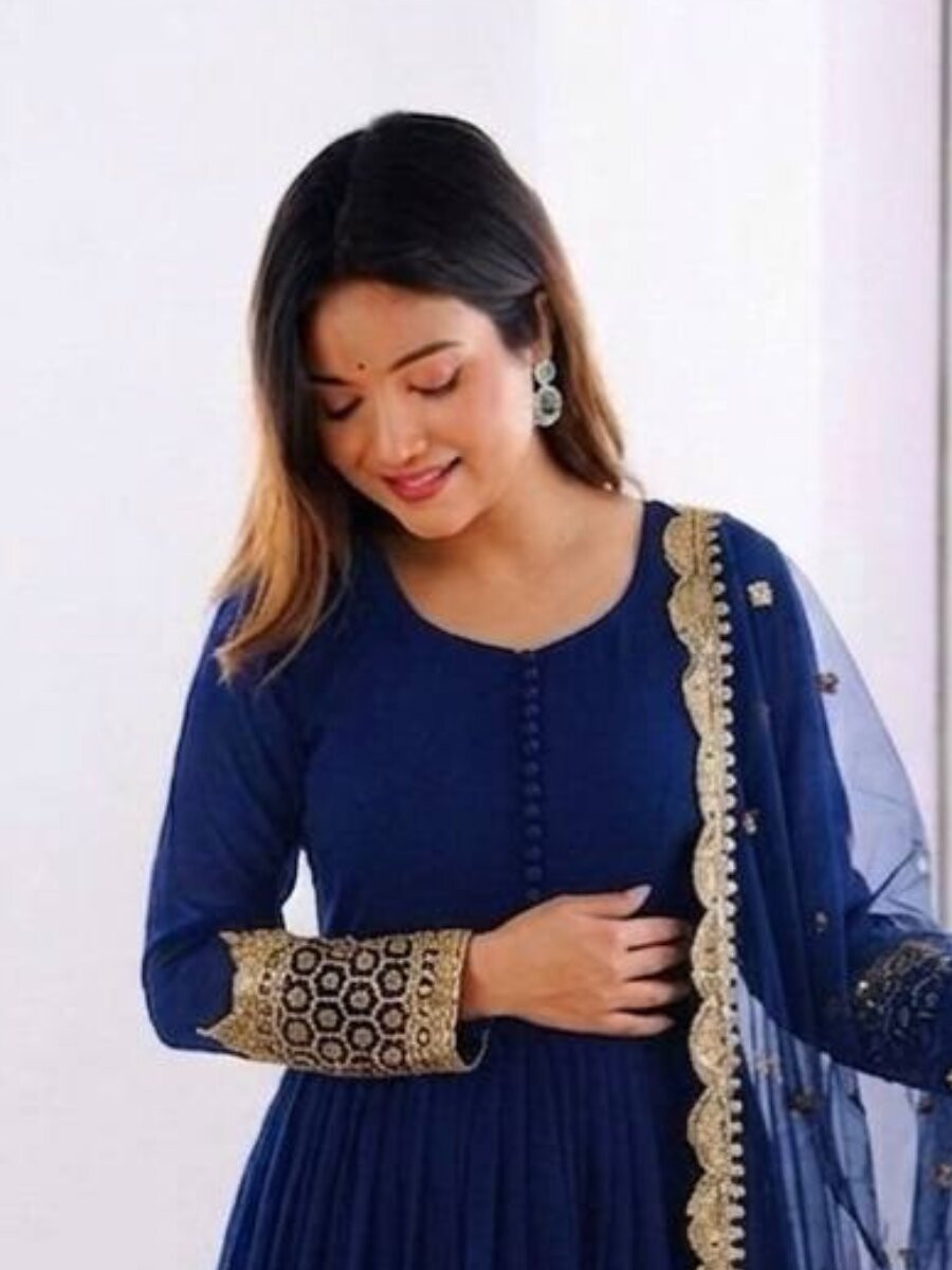 Blue Faux Georgette Embroidery Sequins Zari Wedding Party Festival Casual Ready Anarkali Salwar Kameez