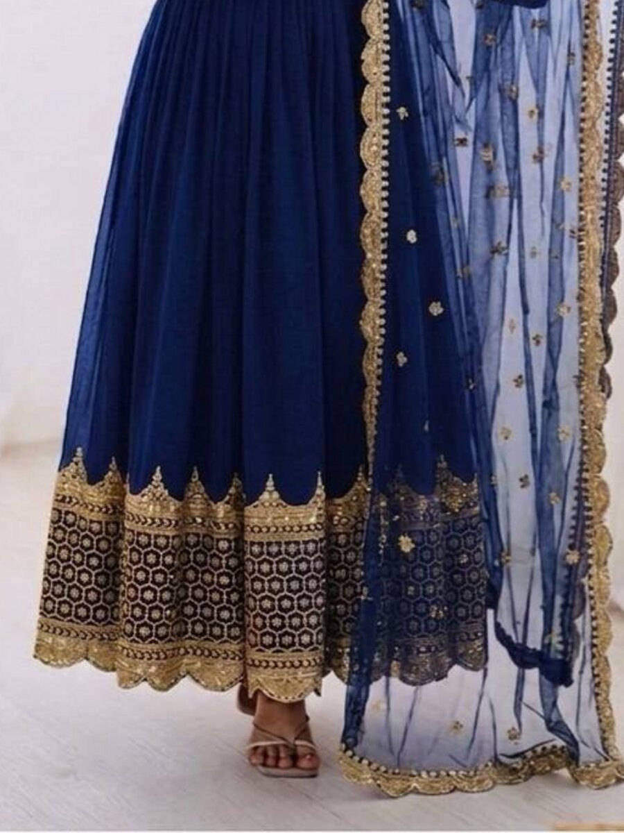 Blue Faux Georgette Embroidery Sequins Zari Wedding Party Festival Casual Ready Anarkali Salwar Kameez