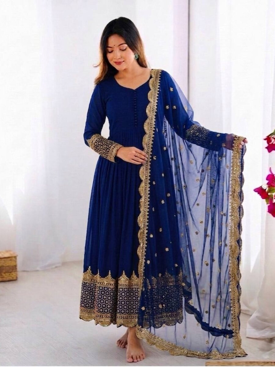 Blue Faux Georgette Embroidery Sequins Zari Wedding Party Festival Casual Ready Anarkali Salwar Kameez