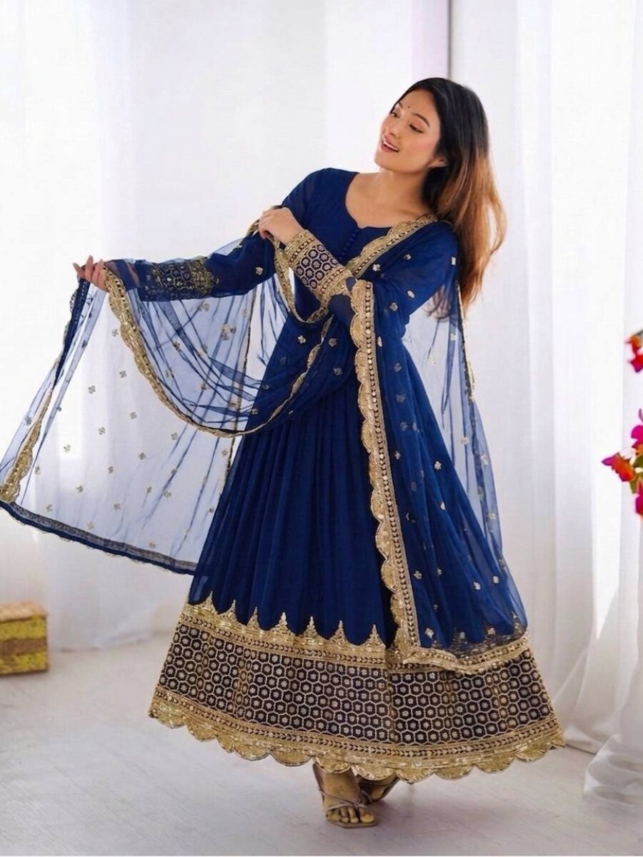 Blue Faux Georgette Embroidery Sequins Zari Wedding Party Festival Casual Ready Anarkali Salwar Kameez