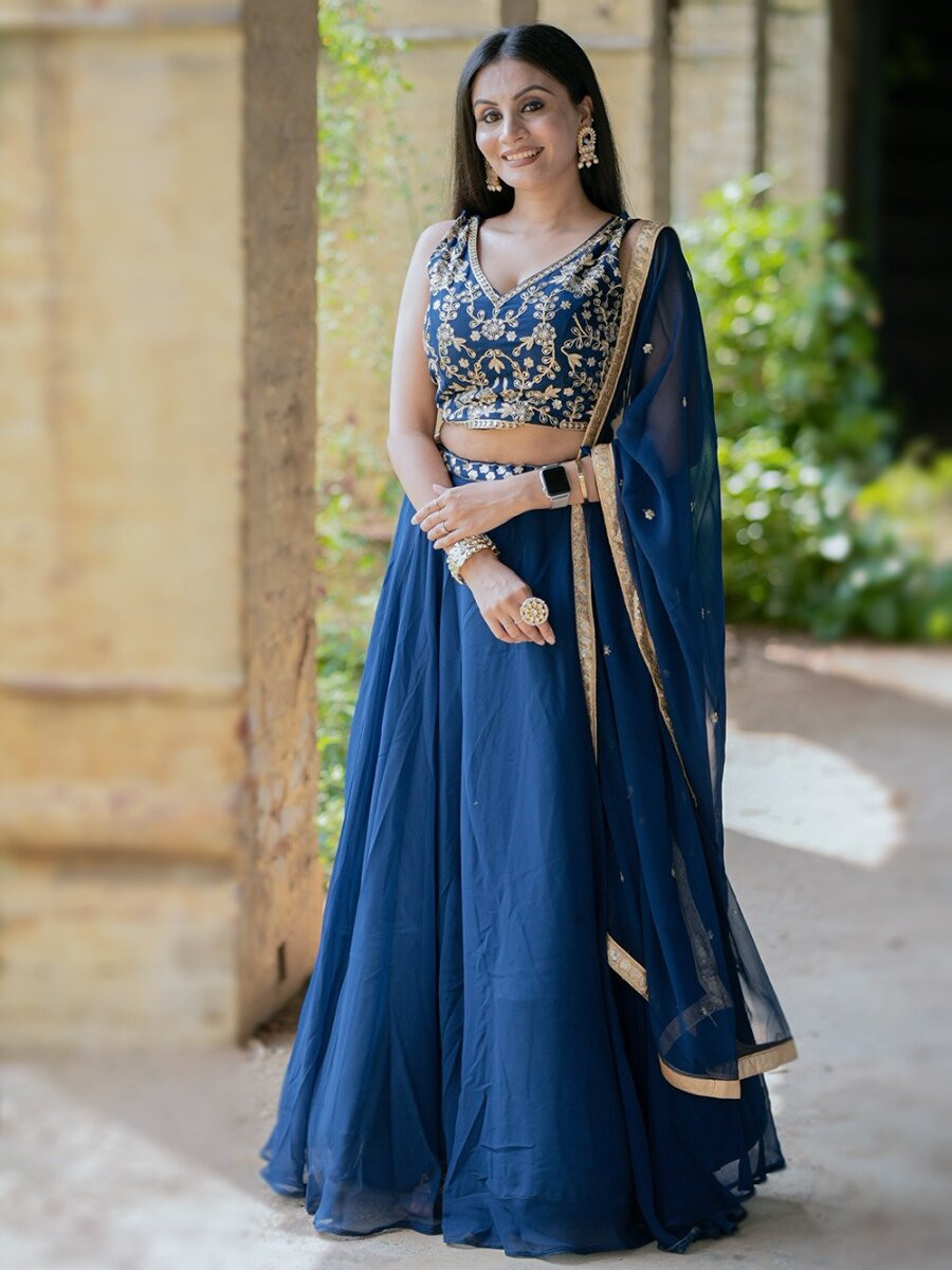 Blue Faux Georgette Embroidery Sequins Zari Wedding Party Festival Circular Lehenga Choli