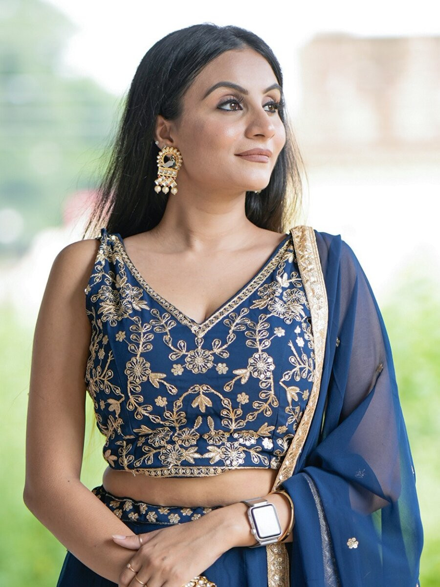 Blue Faux Georgette Embroidery Sequins Zari Wedding Party Festival Circular Lehenga Choli