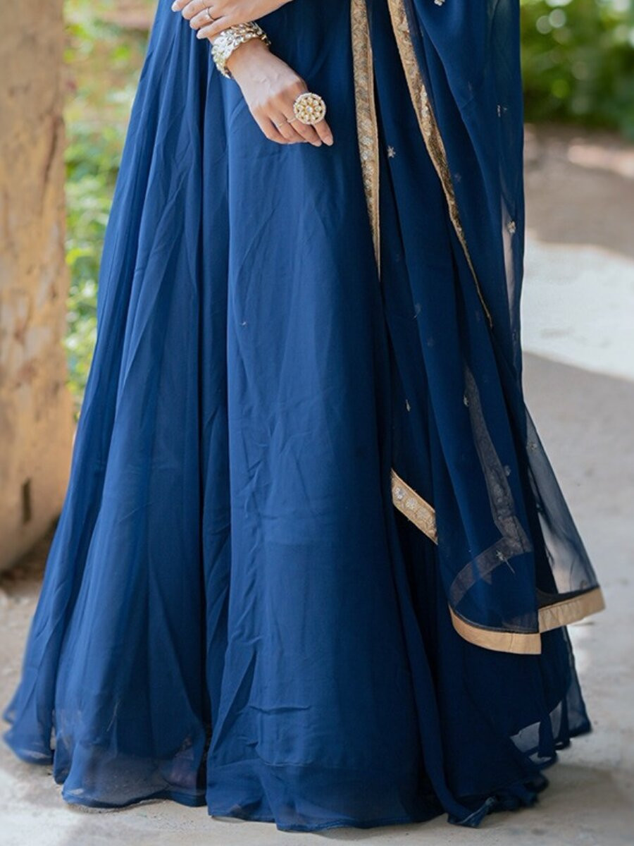 Blue Faux Georgette Embroidery Sequins Zari Wedding Party Festival Circular Lehenga Choli