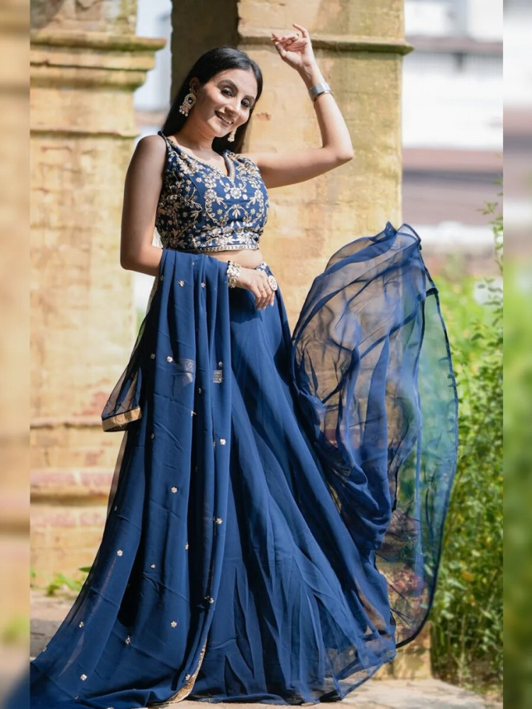 Image of Blue Faux georgette Embroidery Sequins Zari Wedding Reception Party Festival Circular Lehenga Choli