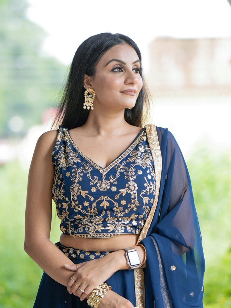 Blue Faux georgette Embroidery Sequins Zari Wedding Reception Party Festival Circular Lehenga Choli