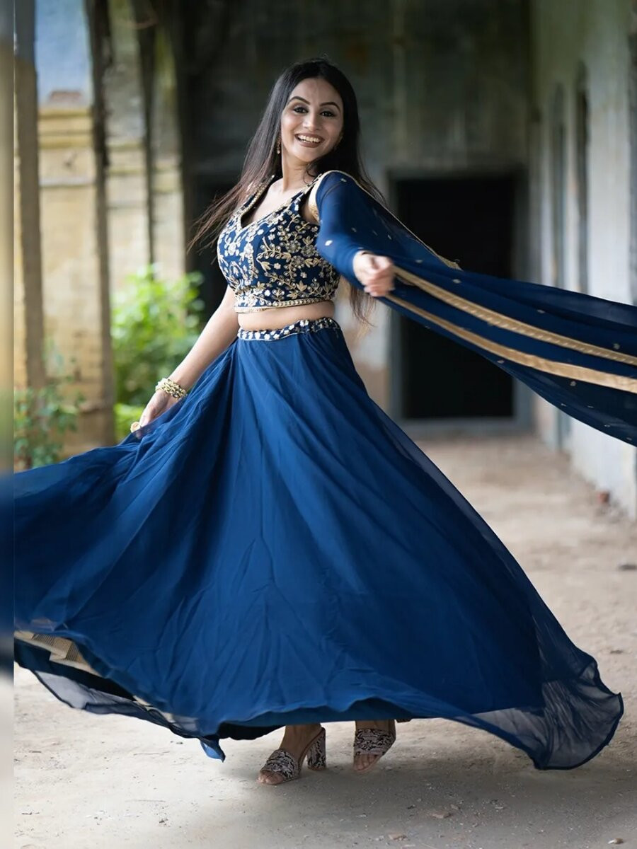 Blue Faux georgette Embroidery Sequins Zari Wedding Reception Party Festival Circular Lehenga Choli