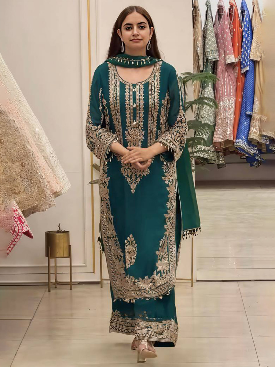 Blue Faux Georgette Embroidery Zari Sequins Beads Hanging Tassels Wedding Party Festival Casual Ready Palazzo Pant Salwar Kameez