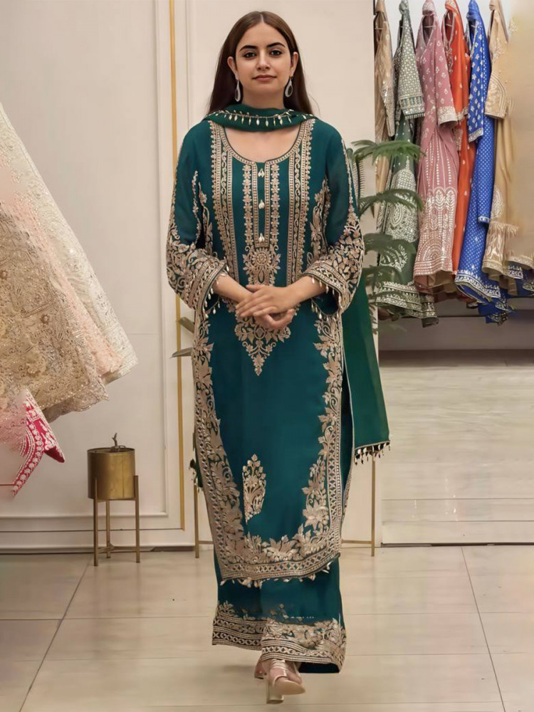 Image of Blue Faux Georgette Embroidery Zari Sequins Beads Hanging Tassels Wedding Party Festival Casual Ready Palazzo Pant Salwar Kameez