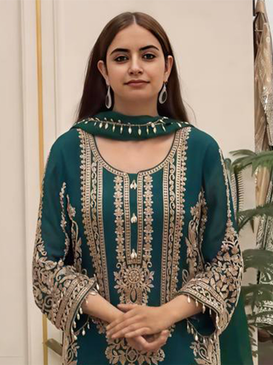 Blue Faux Georgette Embroidery Zari Sequins Beads Hanging Tassels Wedding Party Festival Casual Ready Palazzo Pant Salwar Kameez