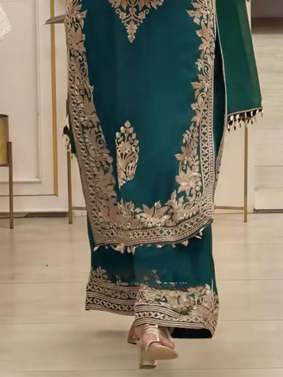 Blue Faux Georgette Embroidery Zari Sequins Beads Hanging Tassels Wedding Party Festival Casual Ready Palazzo Pant Salwar Kameez