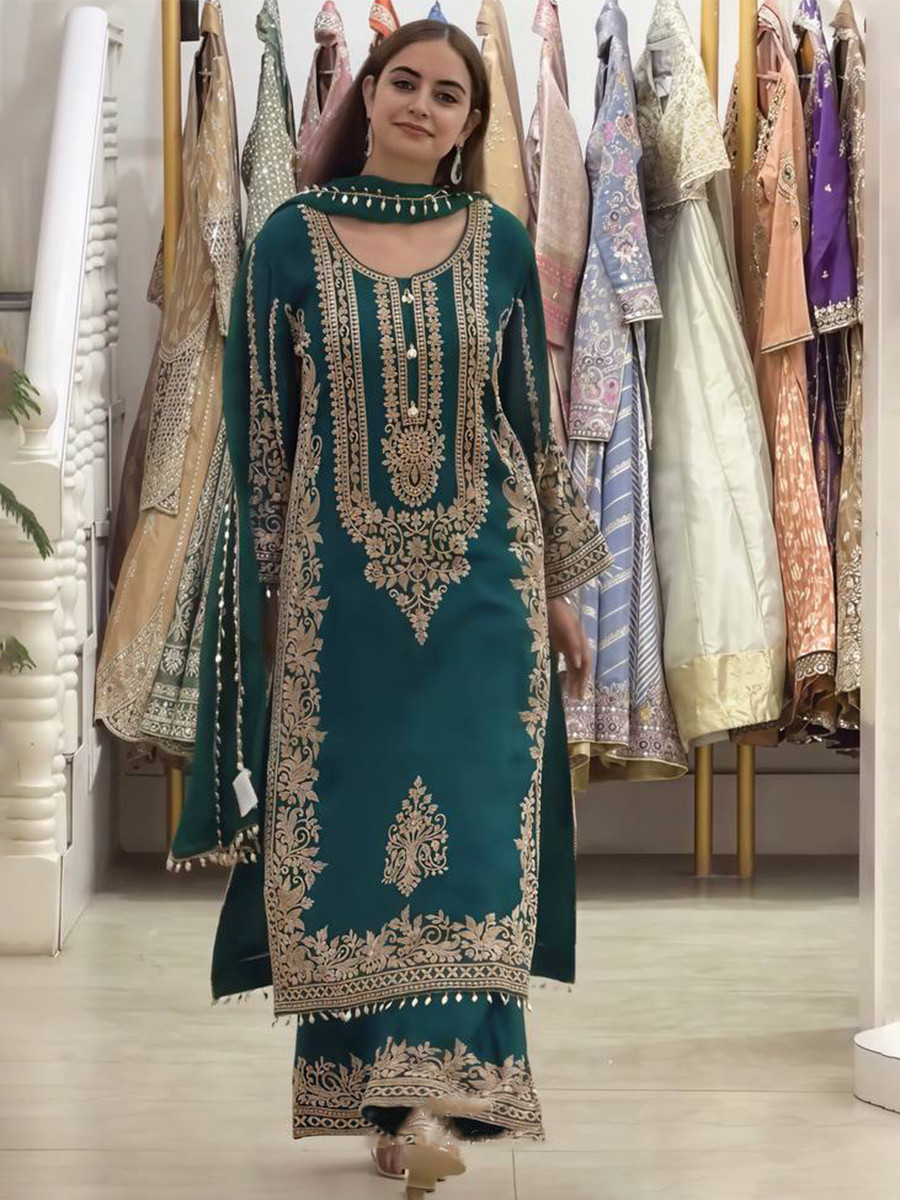 Blue Faux Georgette Embroidery Zari Sequins Beads Hanging Tassels Wedding Party Festival Casual Ready Palazzo Pant Salwar Kameez
