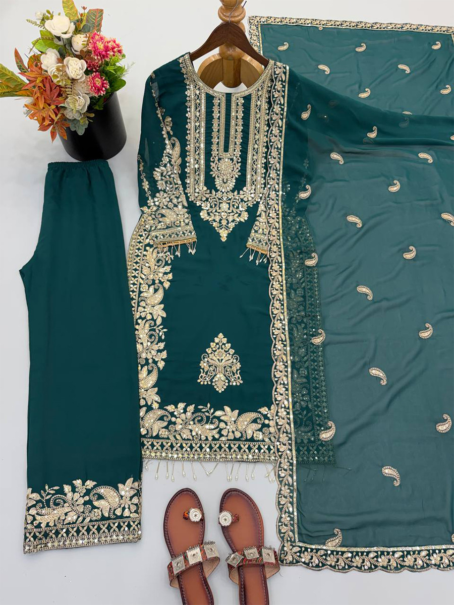 Blue Faux Georgette Embroidery Zari Sequins Beads Hanging Tassels Wedding Party Festival Casual Ready Palazzo Pant Salwar Kameez